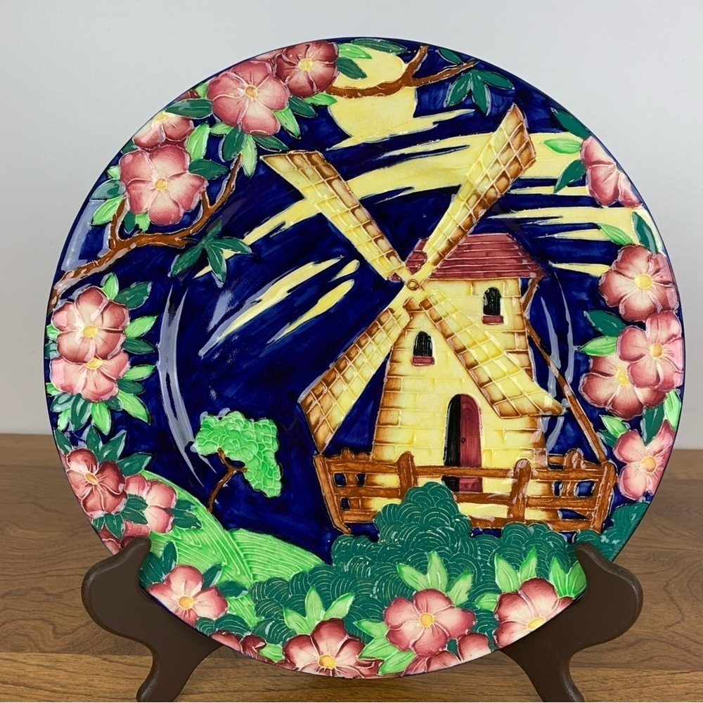 Maling Decorative Plate Hand Painted England Windmill Flowers Textured Vintage